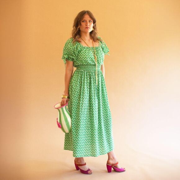 La Lou Dresses & Skirts - Green Printed Off-Shoulder Midi Dress | Smocked Waist Boho Dress